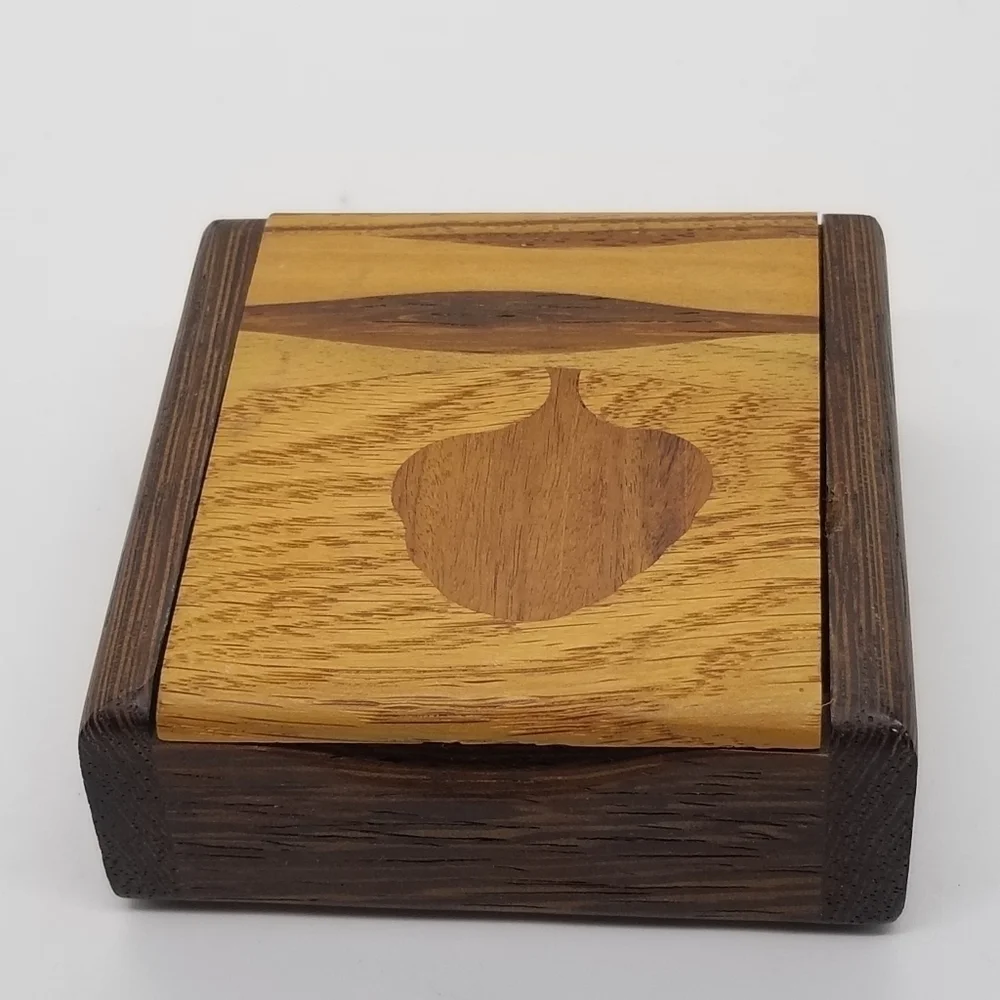 wooden inlay trinket box with tree imagery made in Canada
